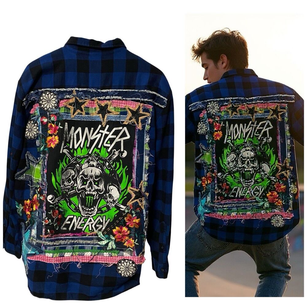 Upcycled Flannel Shirt Shacket Womens 1X Monster Grunge Patchwork Folk Art